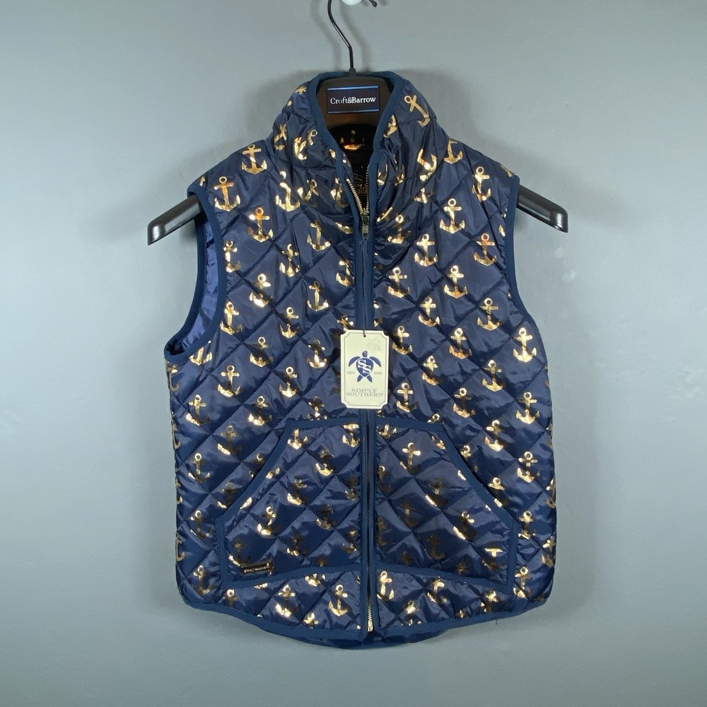 Simply Southern NWT Womens Size Small Full Zip Anchor Print Vest Navy Blue Gold